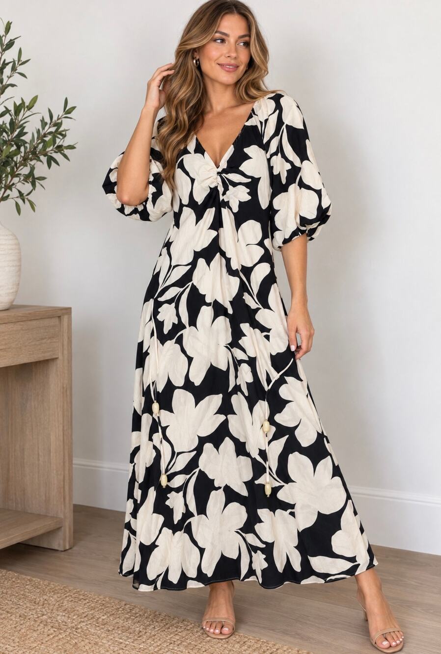 Ellen Tracy Size S Black Cream Floral Maxi Dress Puff Sleeve Boho NWT